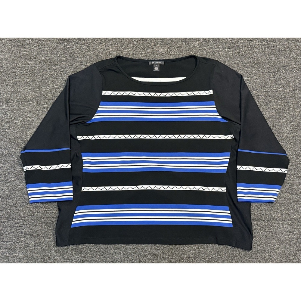 St. John Black Blue White Stripes Long Sleeve Shirt Women's Medium